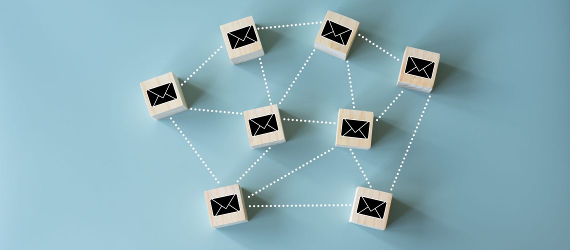 Sending and Receiving email concept using black envelopes and dot lines connecting each others. Connecting people with email or letter sending via internet connection.
